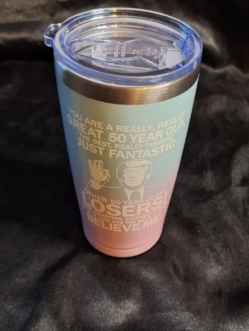 New Trump Sparkle Ombre 50th Birthday Travel Tumbler~Blue to Pink~Flag